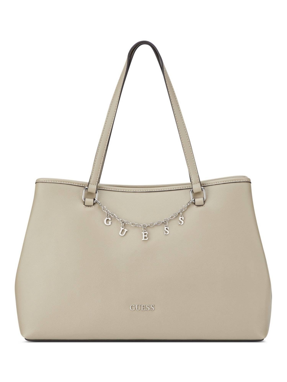 GUESS Neutral Beige Tote Handbag with Letter Charm